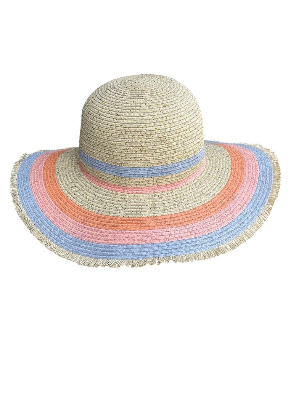 FatFace Natural Straw Gold Flecks Multi Stripes Wide Brim Packable Sun Hat